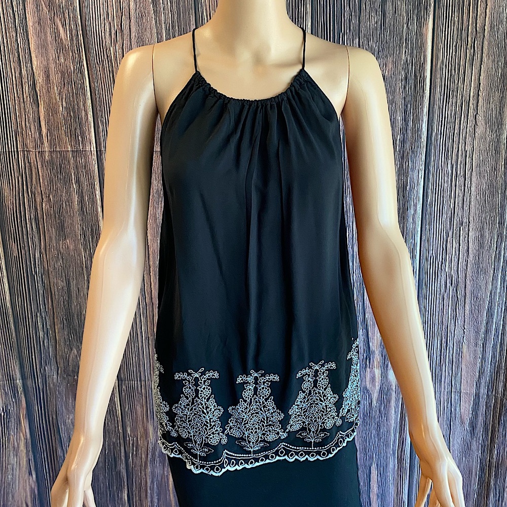 LOFT size small black tank top with white embroidered design boho